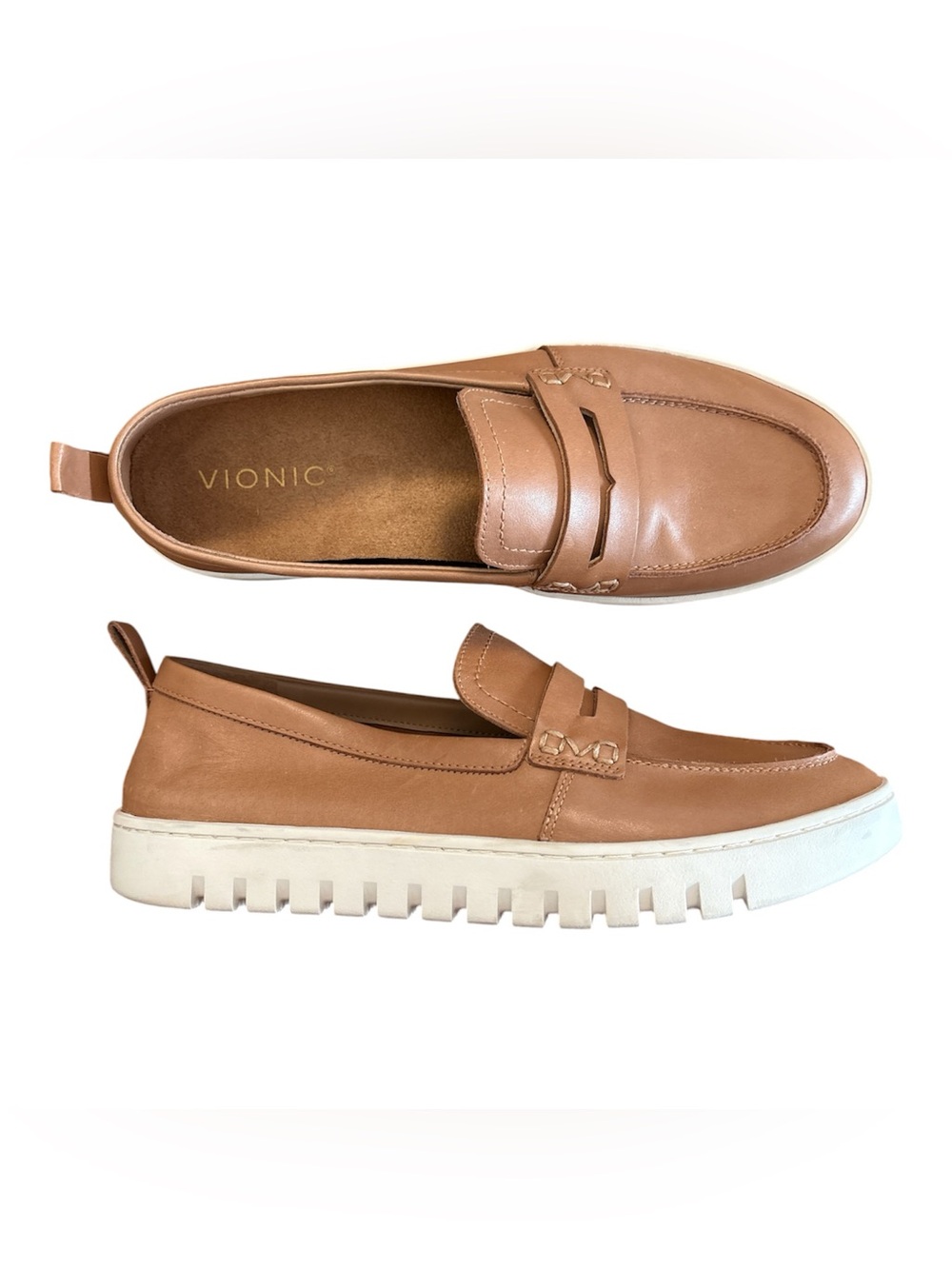 Vionic Uptown Loafers 9.5 Wide Camel Leather Penny Lug Sole Comfort